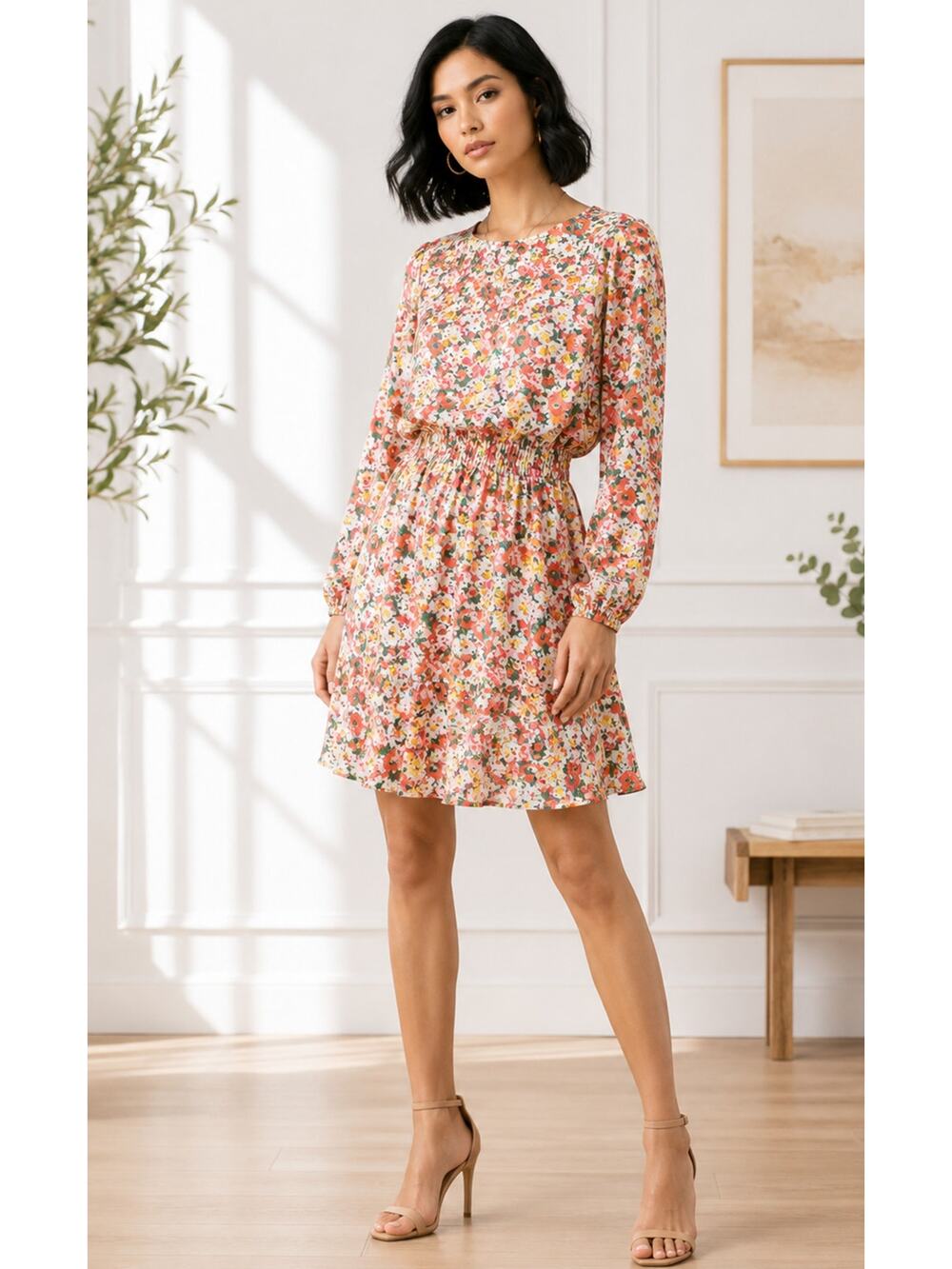Staccato Floral Long Sleeve Dress Cottagecore Smocked Waist NWOT Small